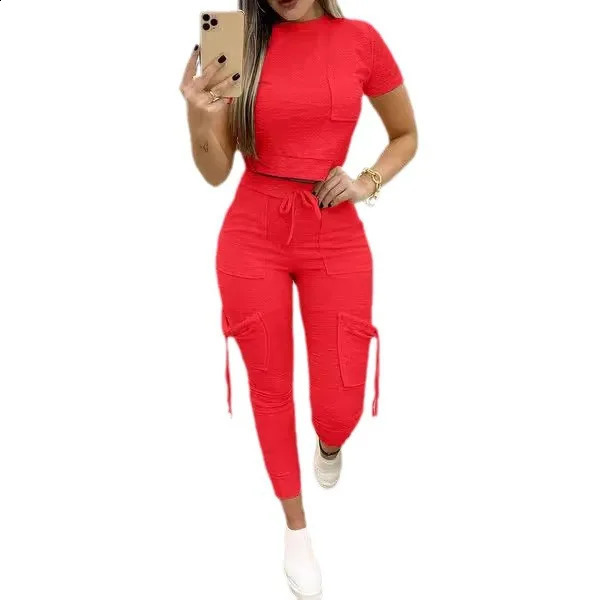 Tight Solid Color Two Piece Set Women Cropped T Shirt Slim Long Pants Pocket Ladies Sets 2025 Spring Summer Sportswear 250414