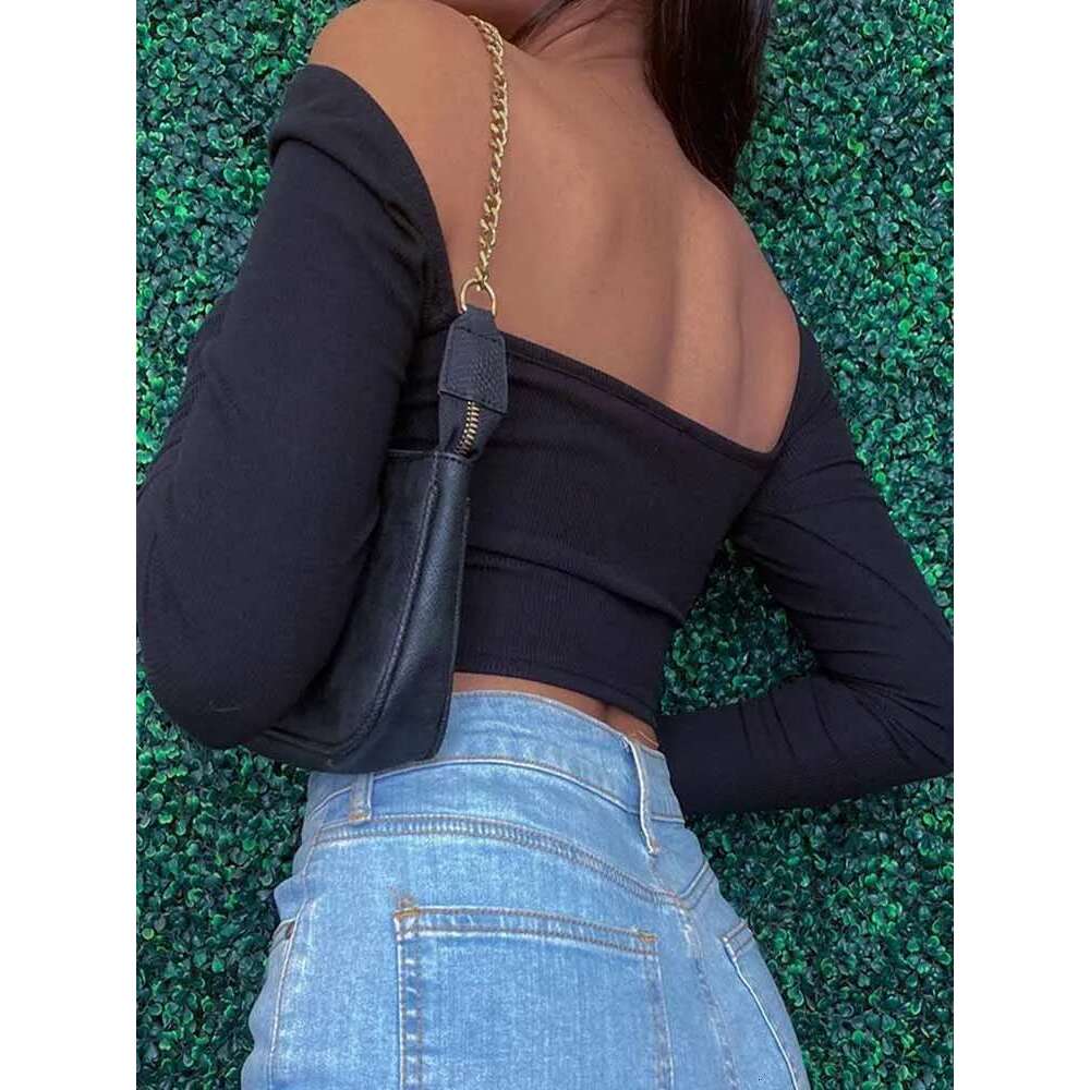 Hollow-Out V-neck Long Sleeve Crop Tops Spring Fall Casual Fashion Women Square Collar Slim Ribbed T-Shirts Backless Tee