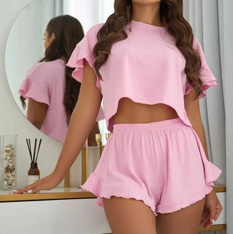 Womens Casual Sweetheart Set 2025 Spring/Summer Latest Single Spwear Ruffle Loose Shorts Top High Waist Shorts Two Piece SetXJ250414
