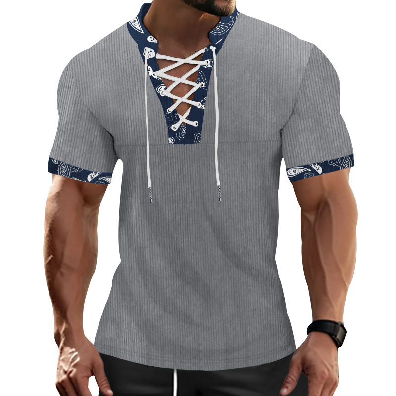 Summer corduroy solid color slim fit short sleeved American oversize casual V-neck strap men's T-shirt