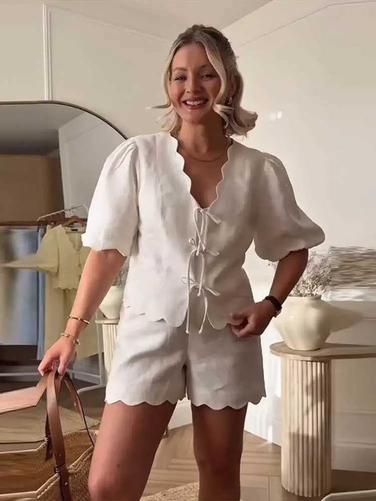 Casual Womens 3-Piece Summer Bow Lace Shorts Sve Top Elastic Waist Shorts with Drstring Skirt 2025 Vacation Womens SetXJ250414