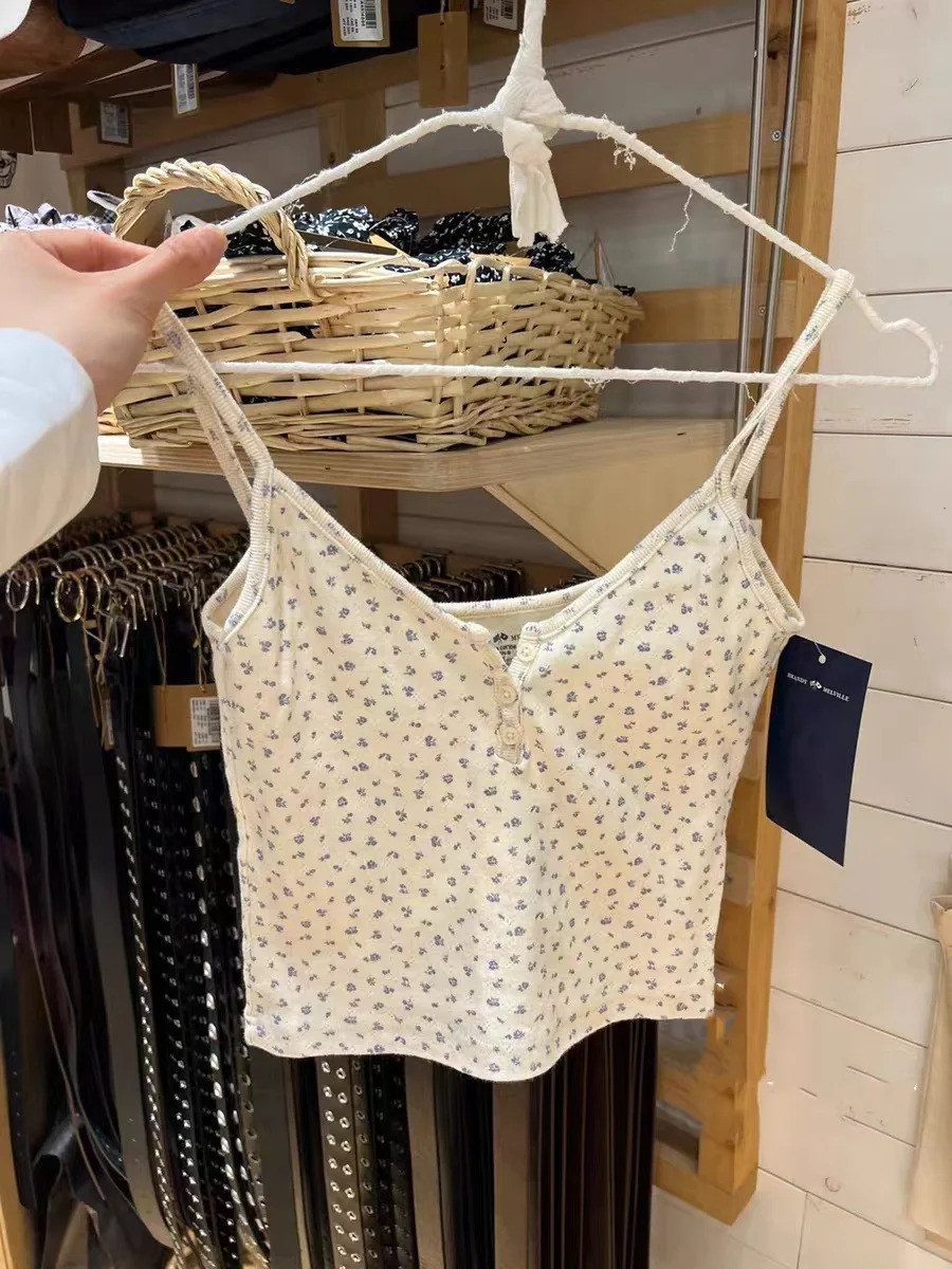 Sleeveless three button Vneck crop top cotton Camis ultrathin cut vest summer womens retro Y2k 250414Z