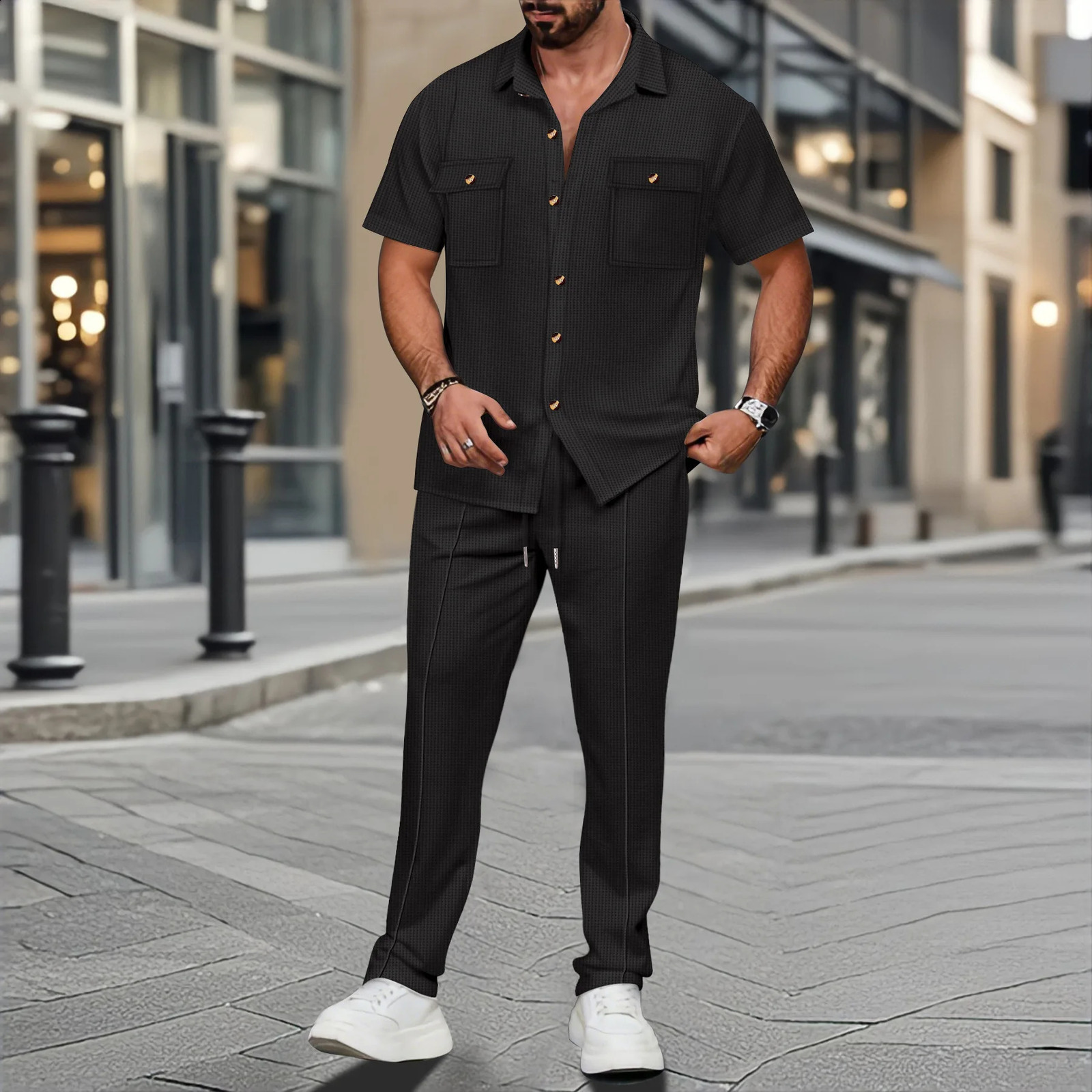2025 summer men light ripe casual solid color button pocket fashion Waffle trend shirt short-sleeved trousers two-piece set 250409