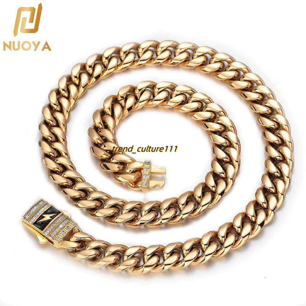 New Lighing Moissanite Spring Buckle Stainless Cuban Hip Hop Titanium Steel Jewelry Men's Necklace