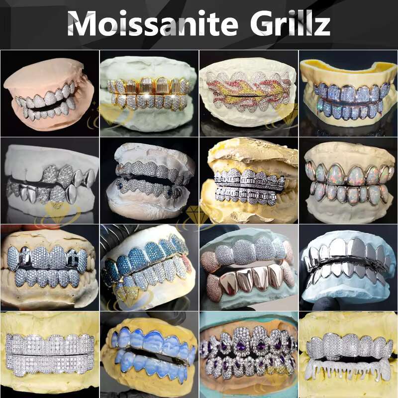 Custom Moissanite Mossinate Grillz 10 Top 10 Bottom Iced Out Vvs Natural Lab Diamond Grillz S925 10k 14k 18k Teeth Grillz