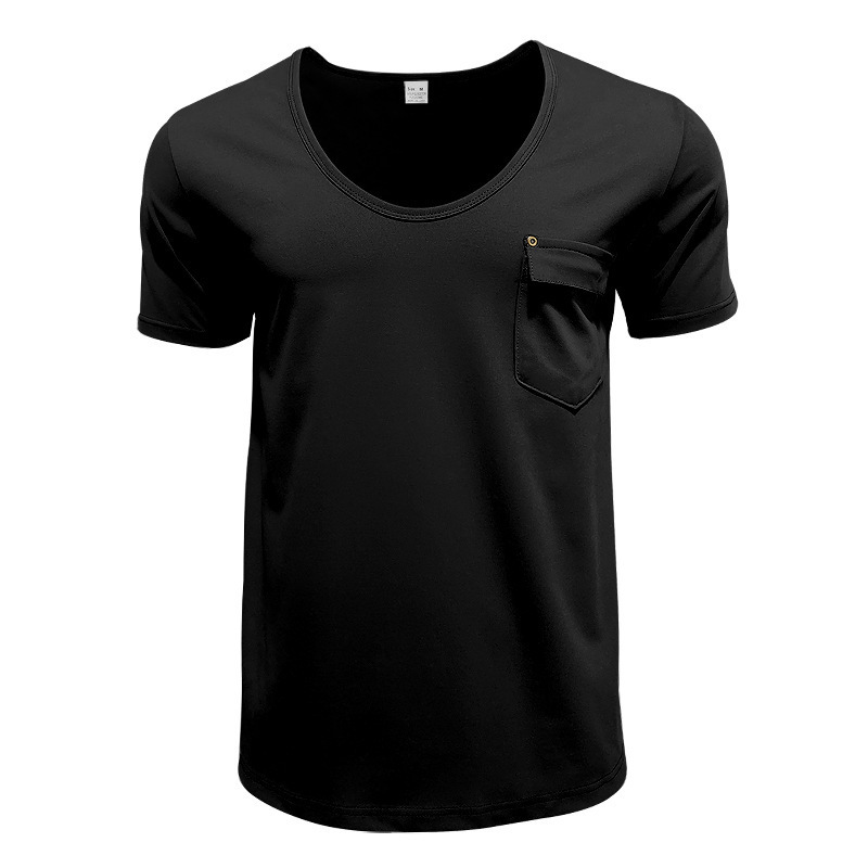 Mens pocket t-shirt clothing mens V-neck solid color plus size casual short sleeved t-shirt