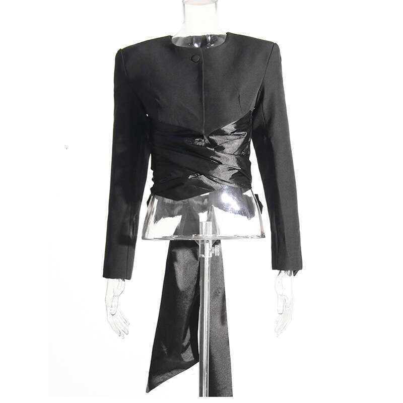 Designer Chic Women's Ensemble - Stylish Round Neck Lace Up Shirt Paired with a Trendy High Waist Split Skirt