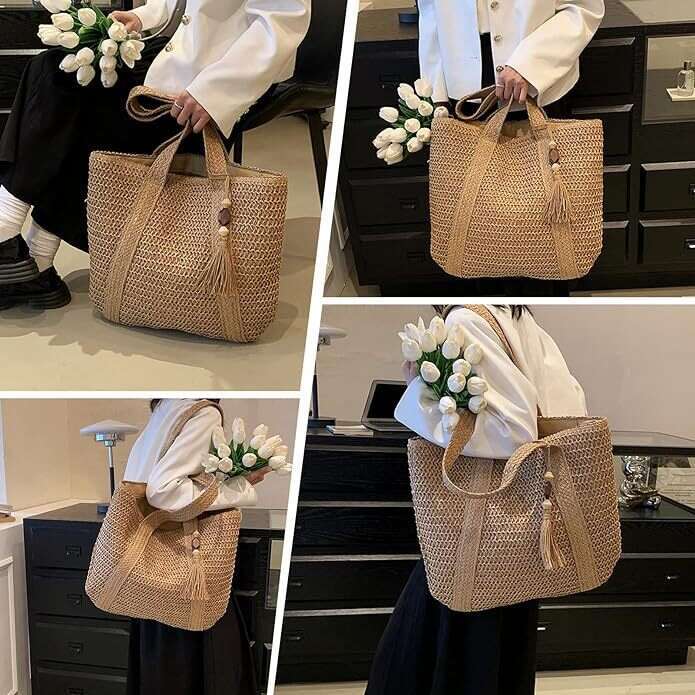 Handmade Beach Bag Summer Versatile Women's Woven Large Capacity Beach Lightweight Straw Hand-Held Shoulder Bag, Tote Bag Kq2