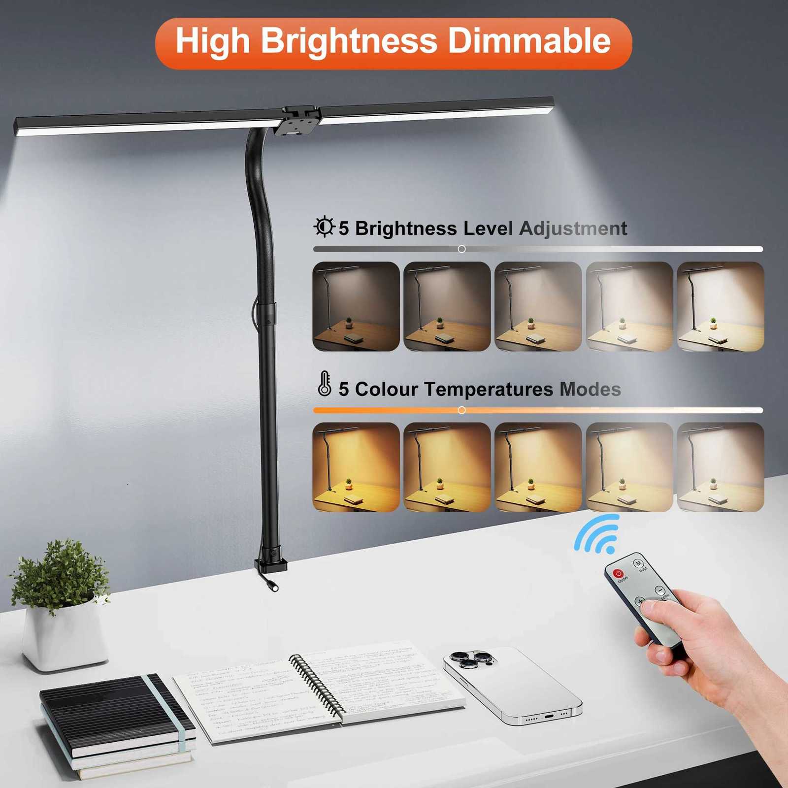 24W Desk Reading Light with Clamp Remote Control Double Head Gooseneck Lamp with 5 Dimmable and 5 Color Modes for Office Work M251114