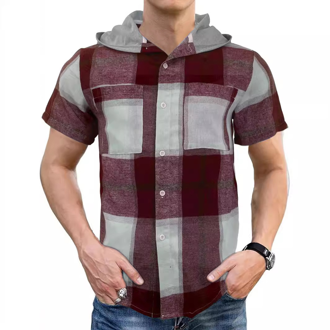 2025 summer new men's plaid short sleeved T-shirt casual hooded button up cardigan shirt