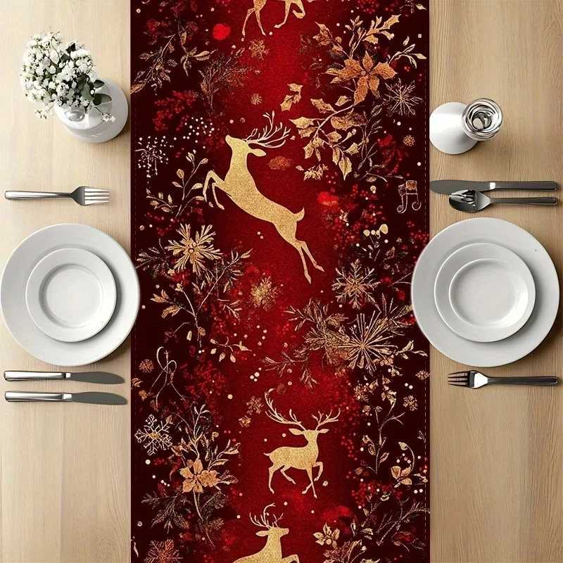 Christmas 1pc Tabel Runner Elegant Burgundy Golden Xmas Table Runner Red Winter Holiday Decor Kitchen Dining Table Decoration Home Party Y251113