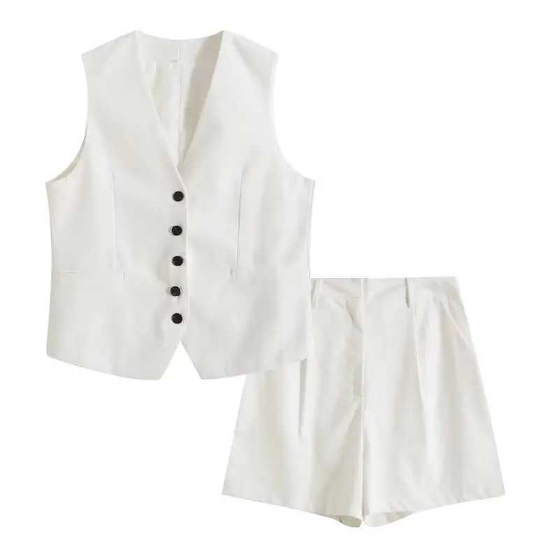 Retro linen office womens suit V-neck vest jacket Comter wide leg shorts fashion 2024 summer retro 2-piece workwearXJ250414
