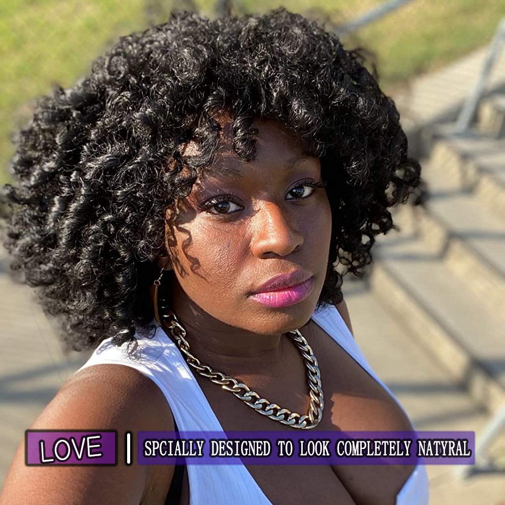 Curly Wigs for Black Women - Afro Curly Wig with Bangs Natural Black Hair Synthetic Heat Resistant Full Wigs with 1 Wig Comb and 4pcs Wig Caps