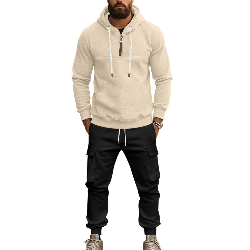 Autumn Winter American Hooded Velvet and Pants Casual Men's Sweatshirt Set