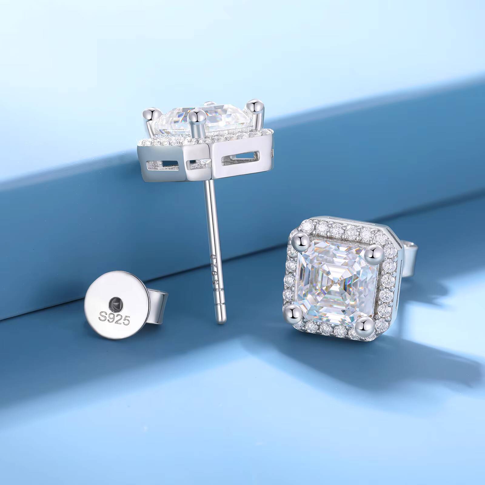 Luxury Women Wedding Gift Jewelry 925 Sterling Silver VVS Asscher Cut Moissanite Diamond Cluster Square Stud Earrings