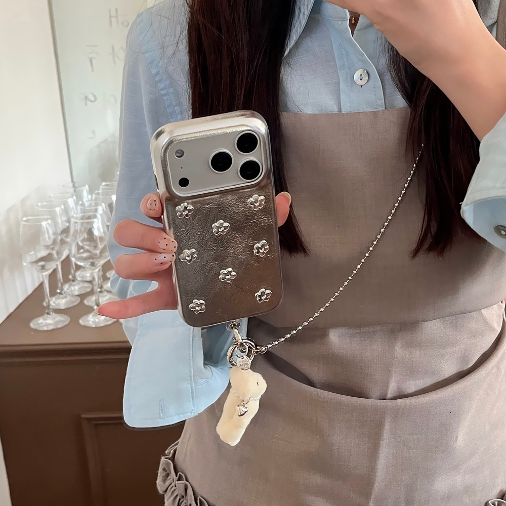 Leather Silver Flower Phone Case Compatible with iPhone 17/16 Pro Max Cartoon Bear Chain Case iPhone 15/14