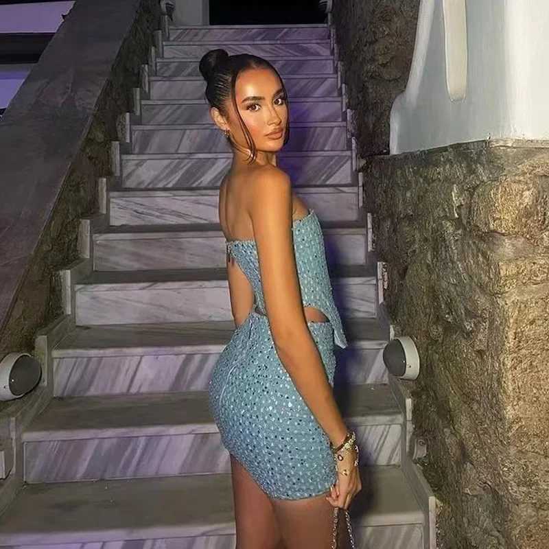 BWQ womens blue sequined denim 2-piece set sexy strapless fashionable womens mini skirt set coarse tweed set summer nightclub setXJ250414