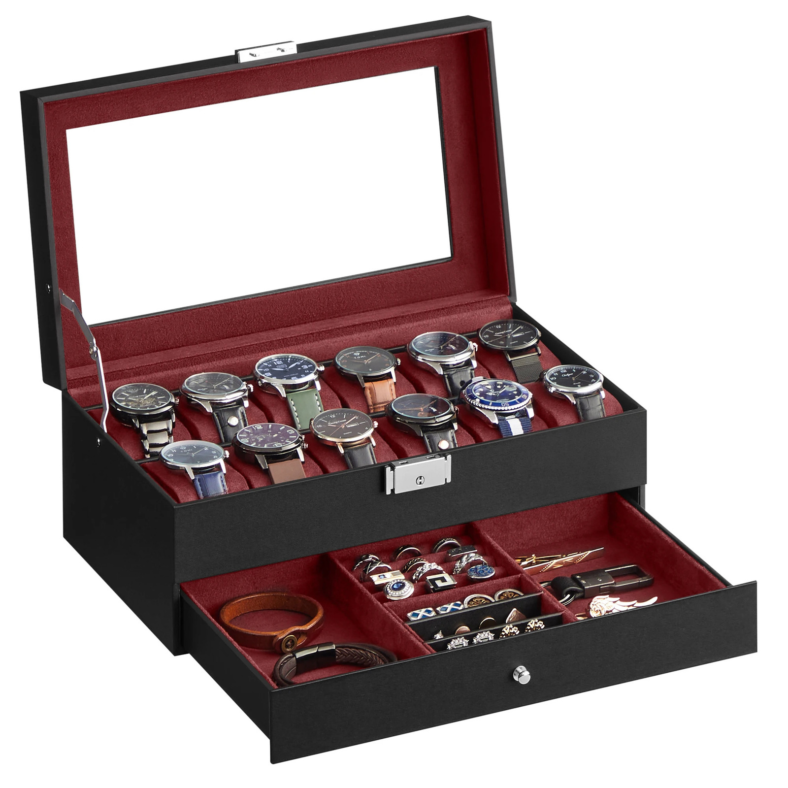 SONGMICS Lockable Watch Box 12-Slot with Glass Lid 2 Layers Watch Case with 1 Drawer for Rings And Bracelets Gift Idea 251110