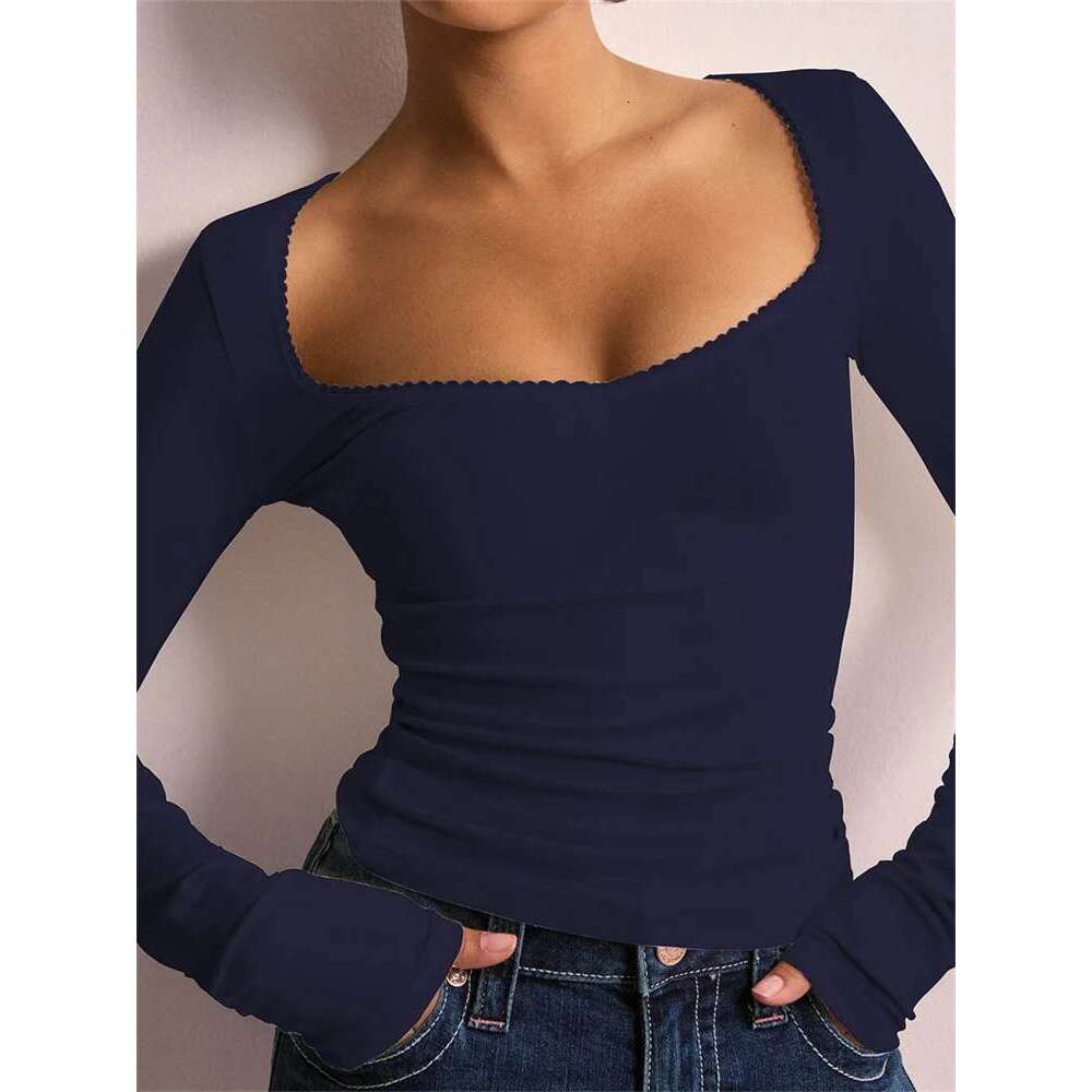 CHRONSTYLE Women T-shirts Long Sleeve Low-cut Lace Trim Solid Color Slim Fit Ladies Spring Fall Tops Streetwear Tees Shirts