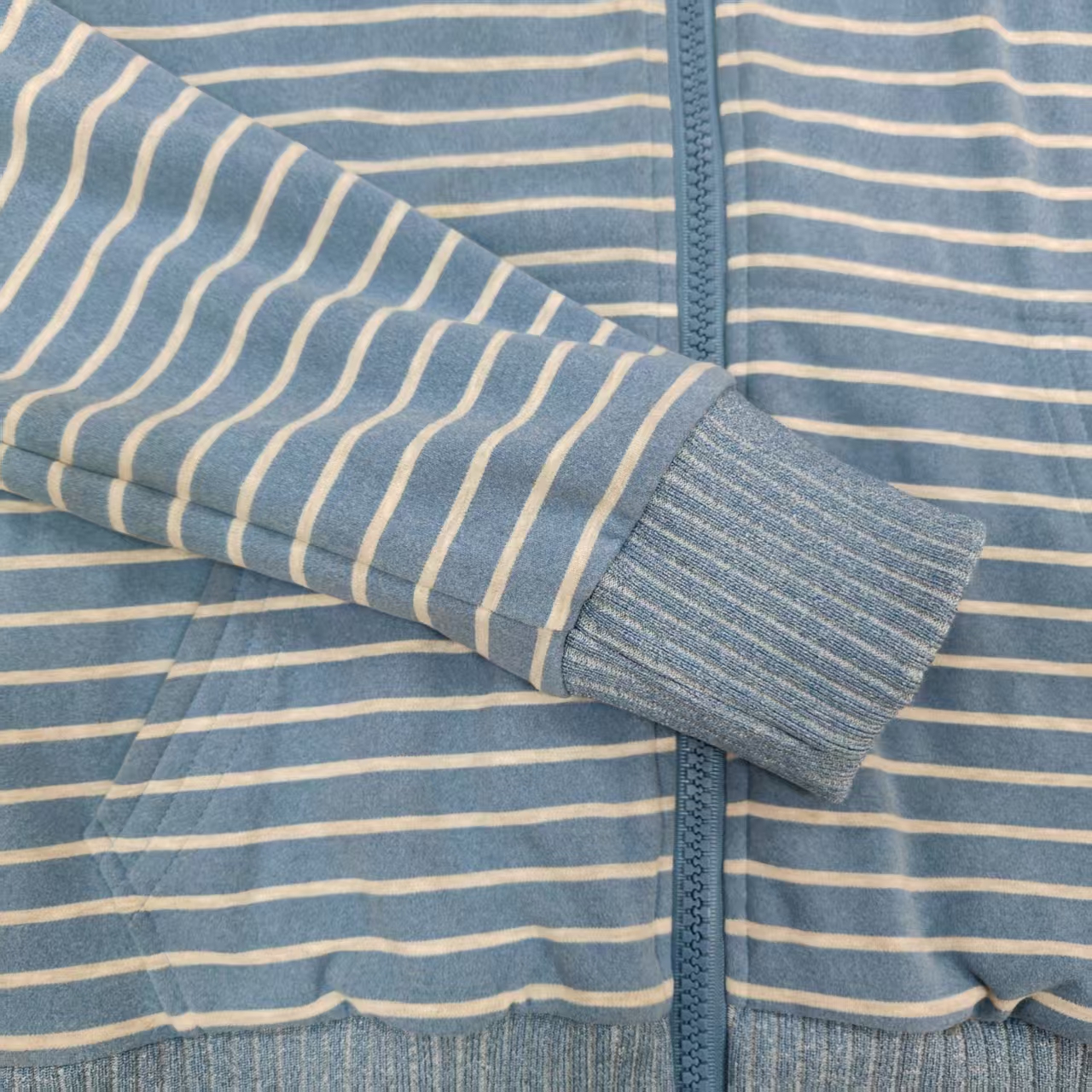 Women's Blue Striped Slim Fleece Zip Hoodie with Ribbed cuffs and hem Stand collar hood Filled hood Label patch for Daily Casual Wear