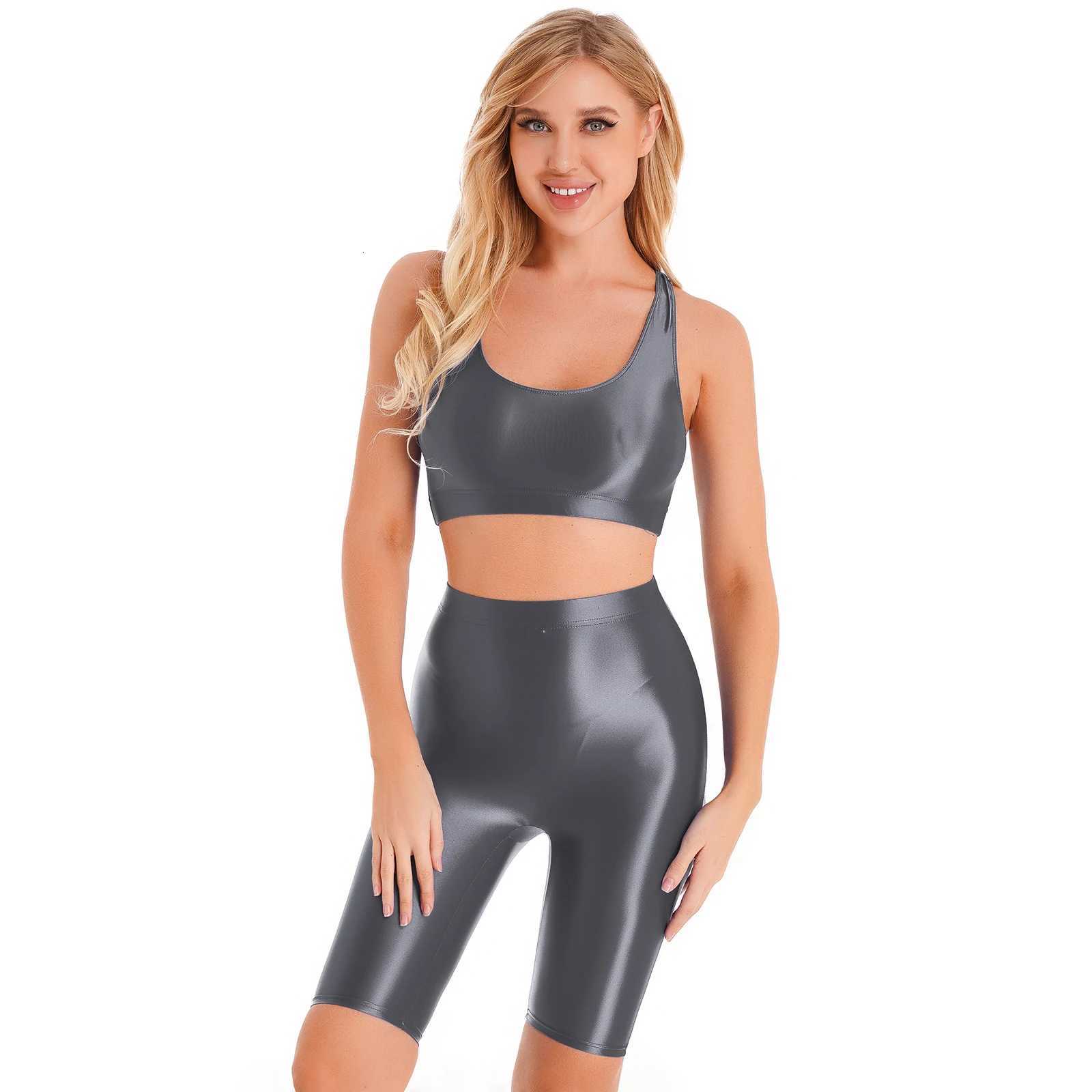 Womens Gymnastics Swimsuit Swimwear Two-piece Rave Outfit Sportwear Glossy U Neck Sleeveless Crop Tank Top High Waist ShortsW251113