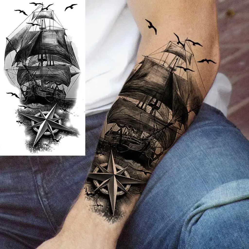 Black Tiger Forearm Temporary Tattoo Suitable for Men Women Pirate Ship Skull Flower Fake Lion Waterproof Half Sleeve TattooXJ25414