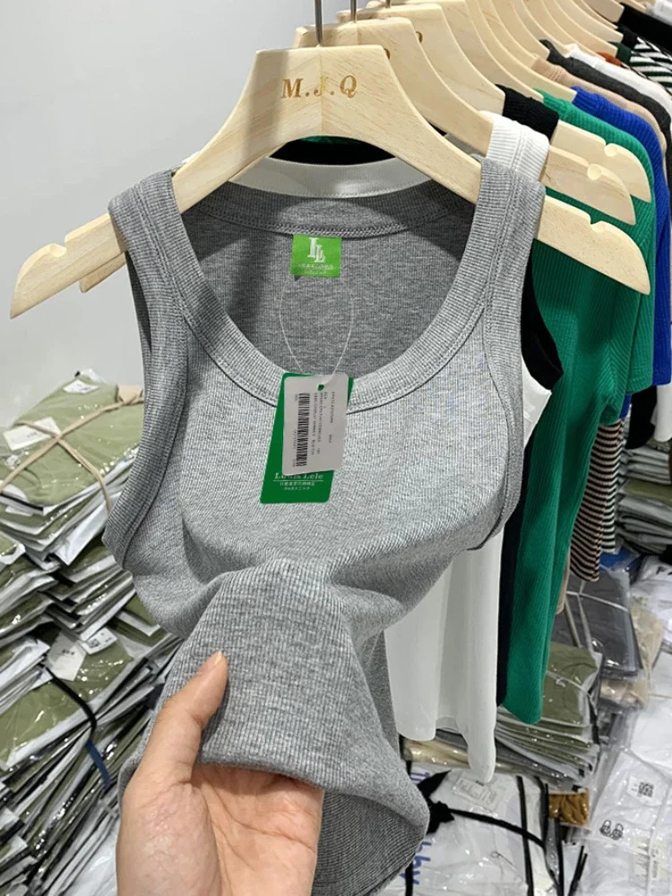 Summer womens sleeveless pure thin vest top sexy gray white black basic elastic Oneck 250414