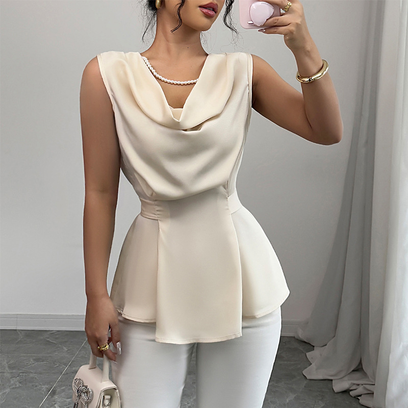 Temperament sleeveless shirt for womens clothing in summer 2025 pile collar shirt waist cinching tie up