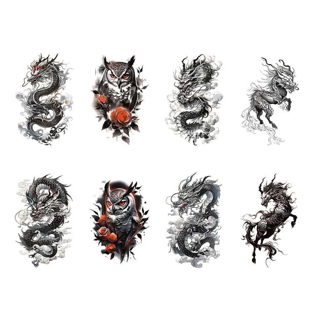 8 Waterproof Temporary Tattoo Stickers Flying Dragon Owl Rose Dark Animal Body Art Arm Fake Tattoo Sleeve WomenXJ25414