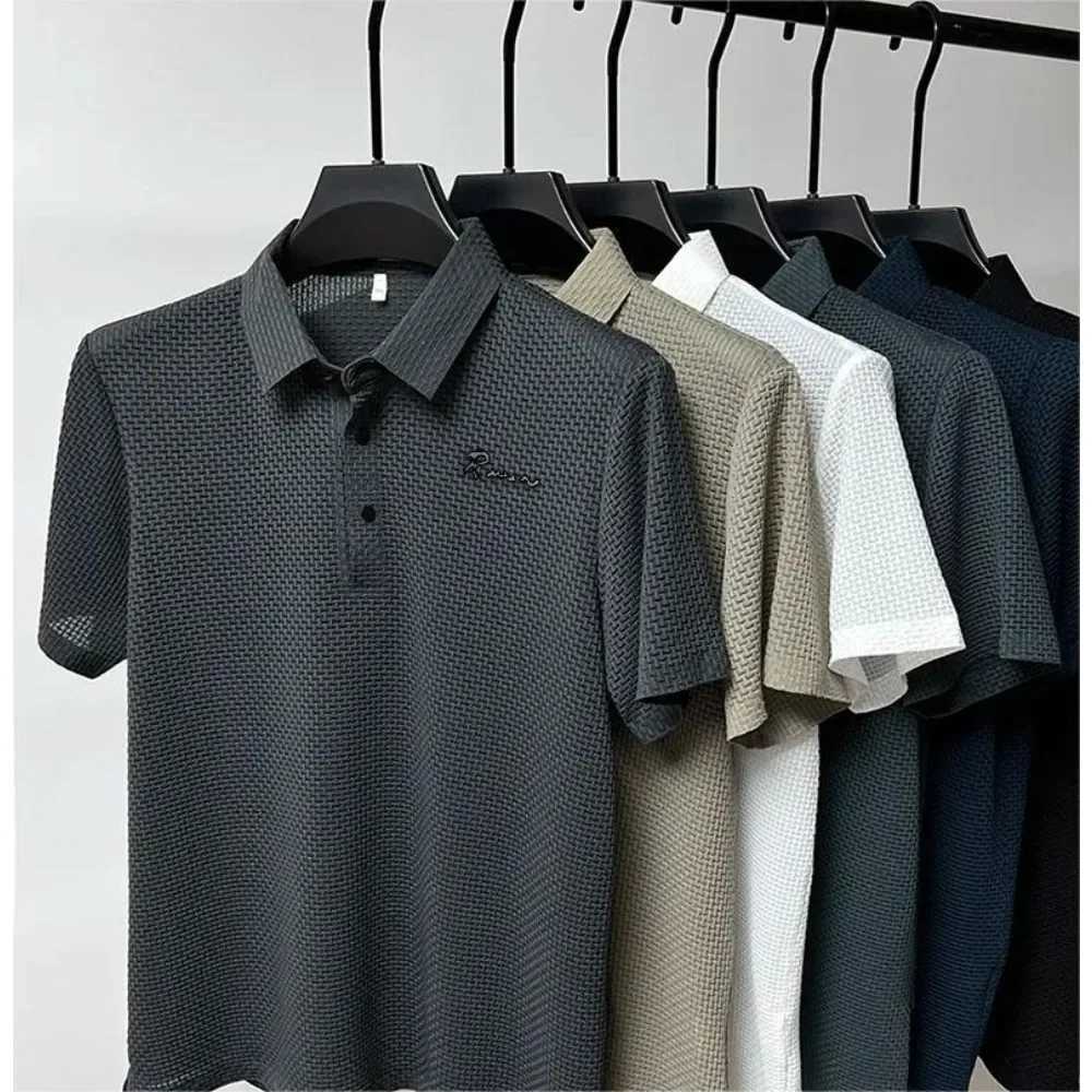 Letter printed ice silk short sleeved mens polo shirt 2023 summer hollow breathable T-shirt fashion lapel casual brand W250414