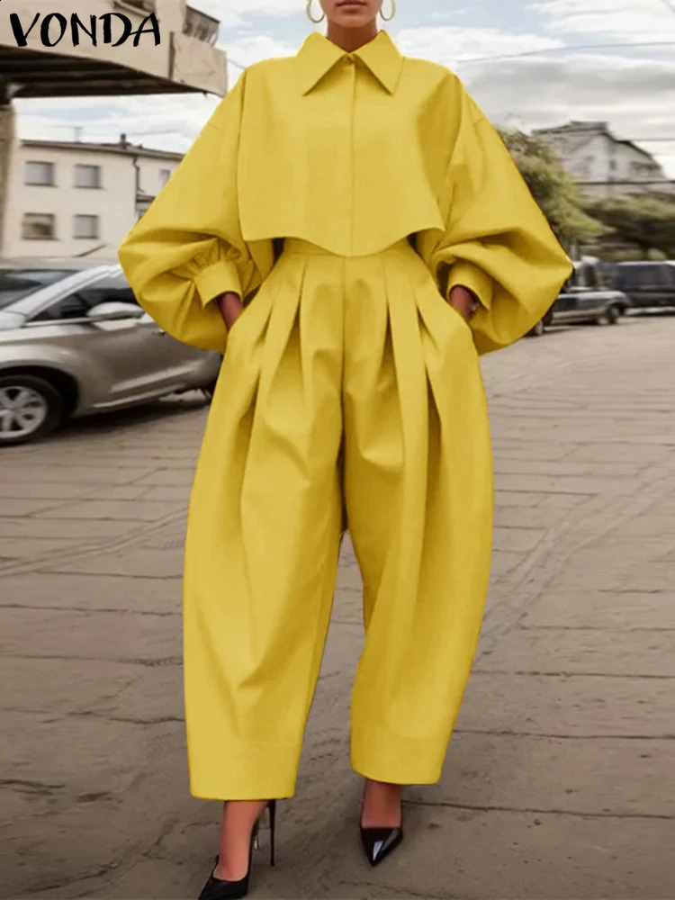 Plus Size 5XL VONDA Women Pants Sets Casual Loose Turn-down Collar Tops Elastic Waist Wide Leg Pant Outfits 2025 Women Suits 250410