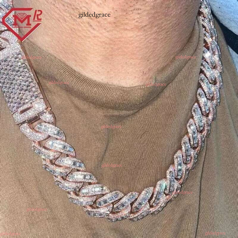 Rappers 24mm Iced Out Rose Gold Emerald Cut Moissanite Cuban k Mens Hip Hop Miami Chain