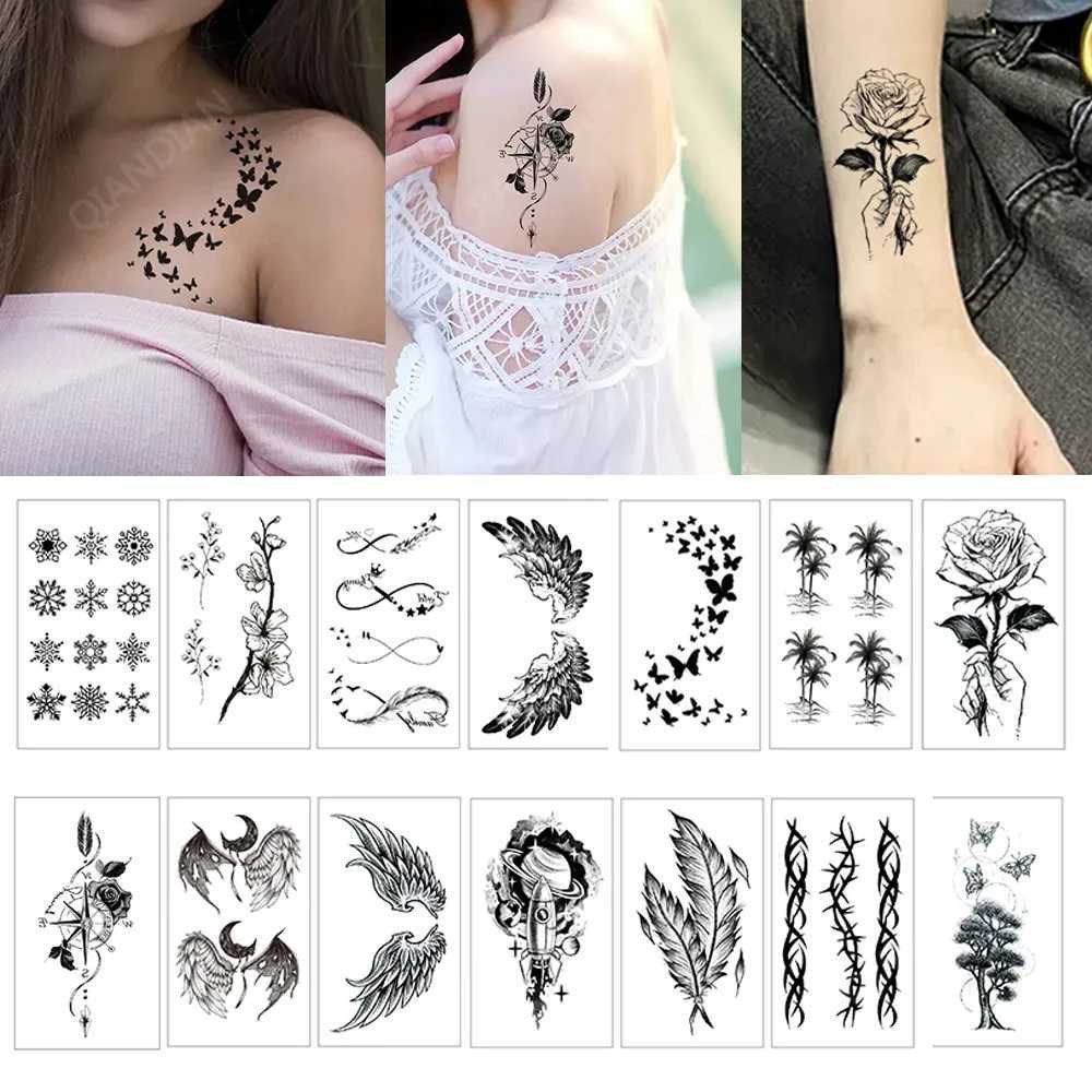 Small temporary tattoo waterproof black rose butterfly arrow flower wings Maori snake female art wrist fake mini stickerXJ25414