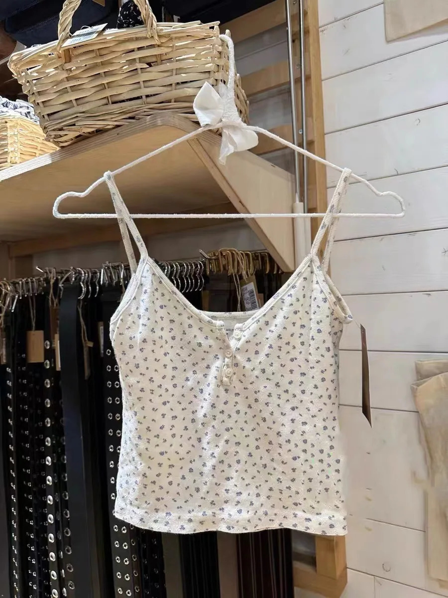 Sleeveless three button Vneck crop top cotton Camis ultrathin cut vest summer womens retro Y2k 250414Z