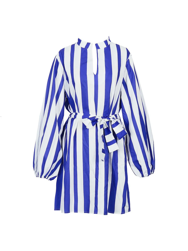 Plus size womens deep Vneck autumn striped long sleeved Tshirt party club tie mini dress blue polyester fiber 250411