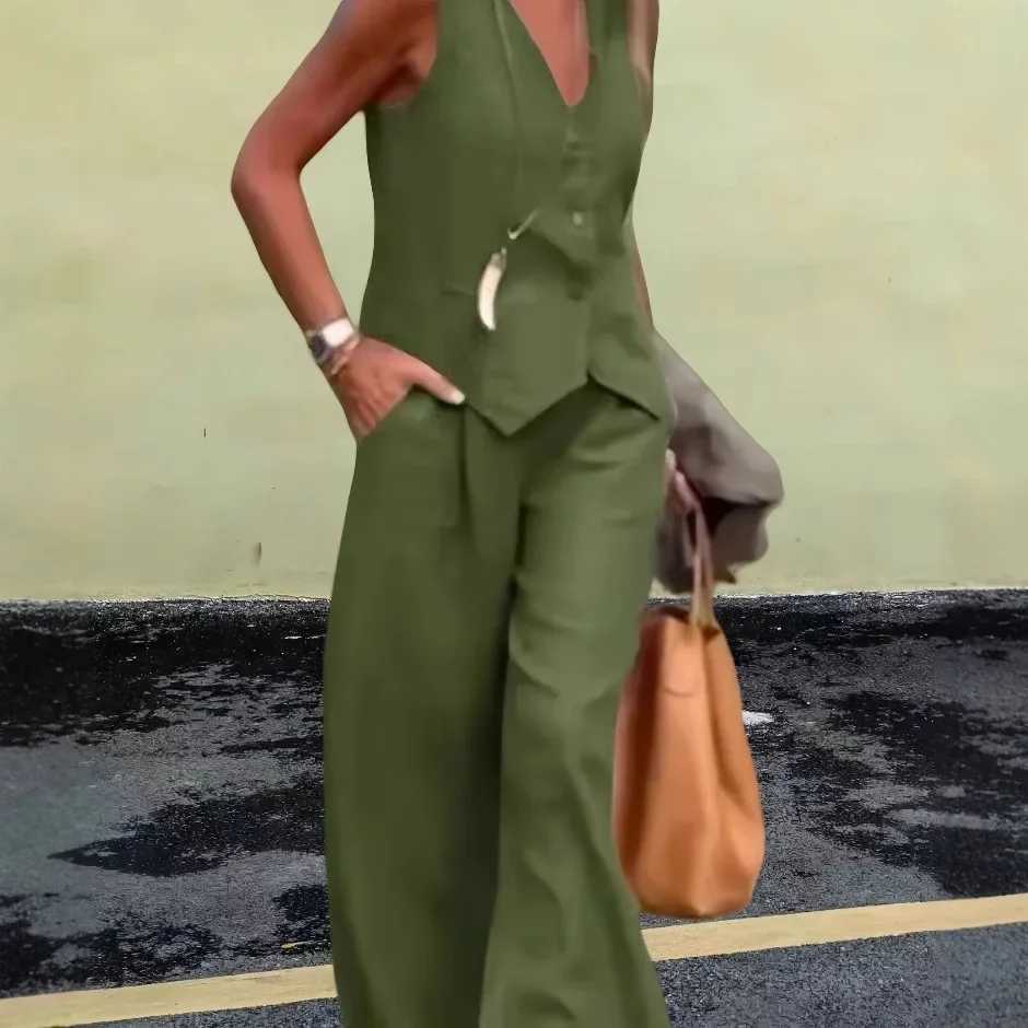 2024 Fashion Crossover New Solid Color Womens Set Tank Top Trouser Splicing Work Leisure 2-piece SetXJ250414