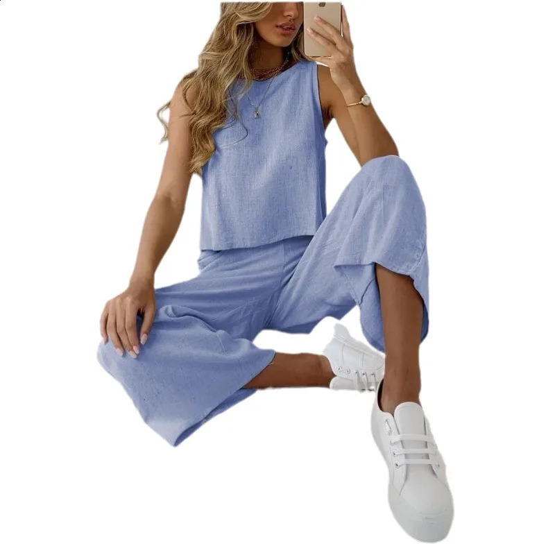Simple Cotton Linen Womens Suits Summer Fashion Sleeveless Loose Blouse Wide Leg Pants Two Piece Set For Women Casual Outfits 250414
