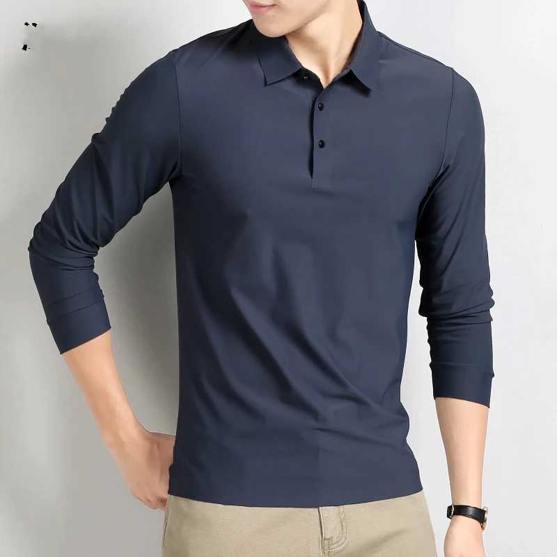 Smart Casual Autumn Winter New Men Collar Ice Silk Solid Button Simplicity Casual Elastic Long Sleeve Pulleys Polo Top W250414