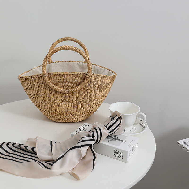 Handmade Beach Bag 2022 New Yellow Round Handle Beach Grass Woven Forest Women's Bag Fairy Instagram Handbag Kq2