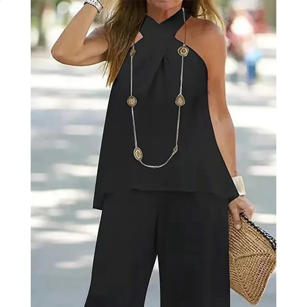 Womens two-piece strapless V-neck top and high waisted pants set casual womens loose suit 250410