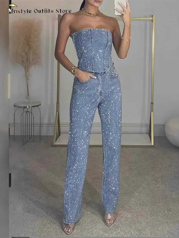 Denim pants set womens ultra-thin spring and summer tube top without back pocket jeans set Fe fashionable shiny set womens long streetXJ250414