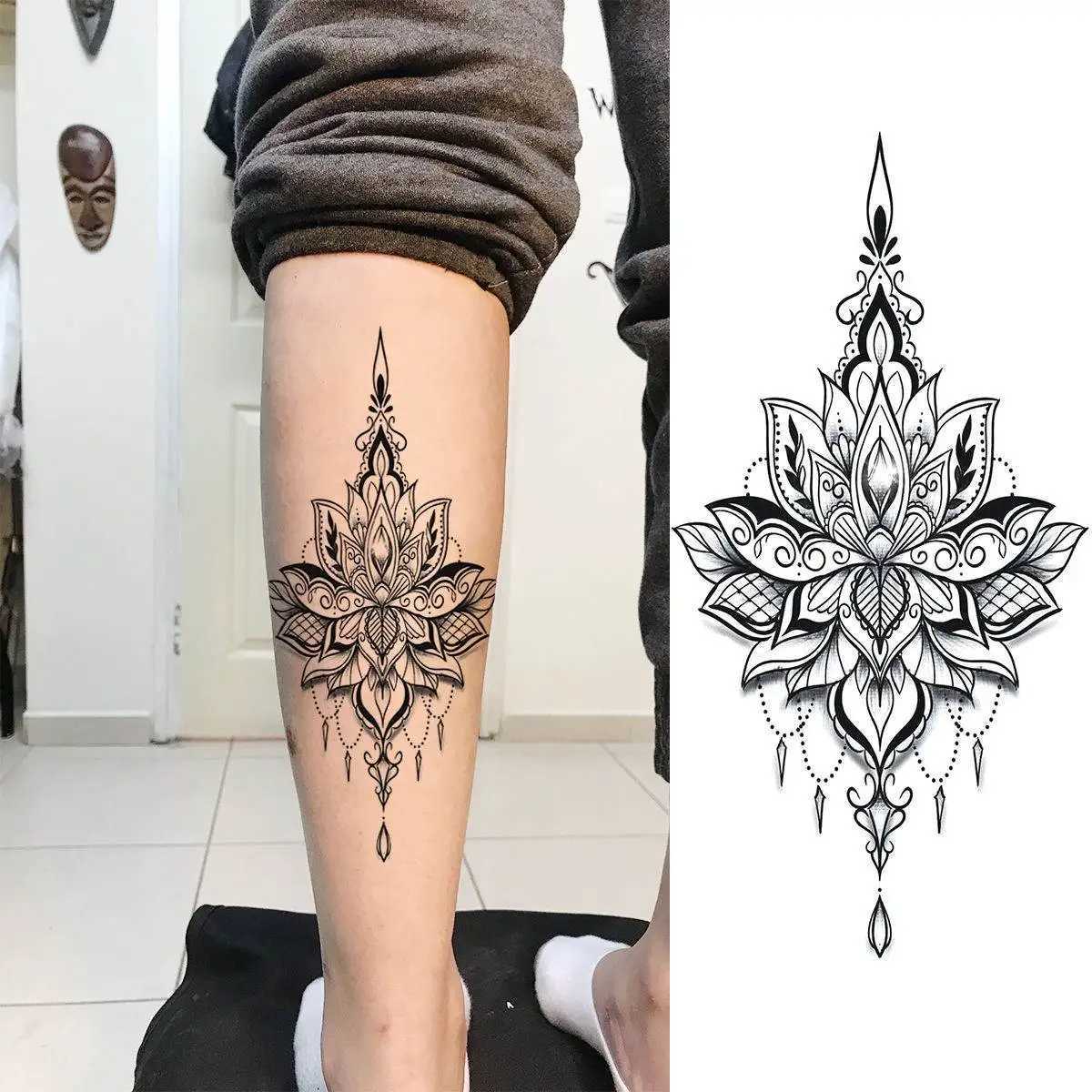 COTAK 10 Black Fingernail Flower Lotus Temporary Tattoo Female Lace Tattoo Stickers Mandala Flower Butterfly Rose Tattoo AdultXJ25414