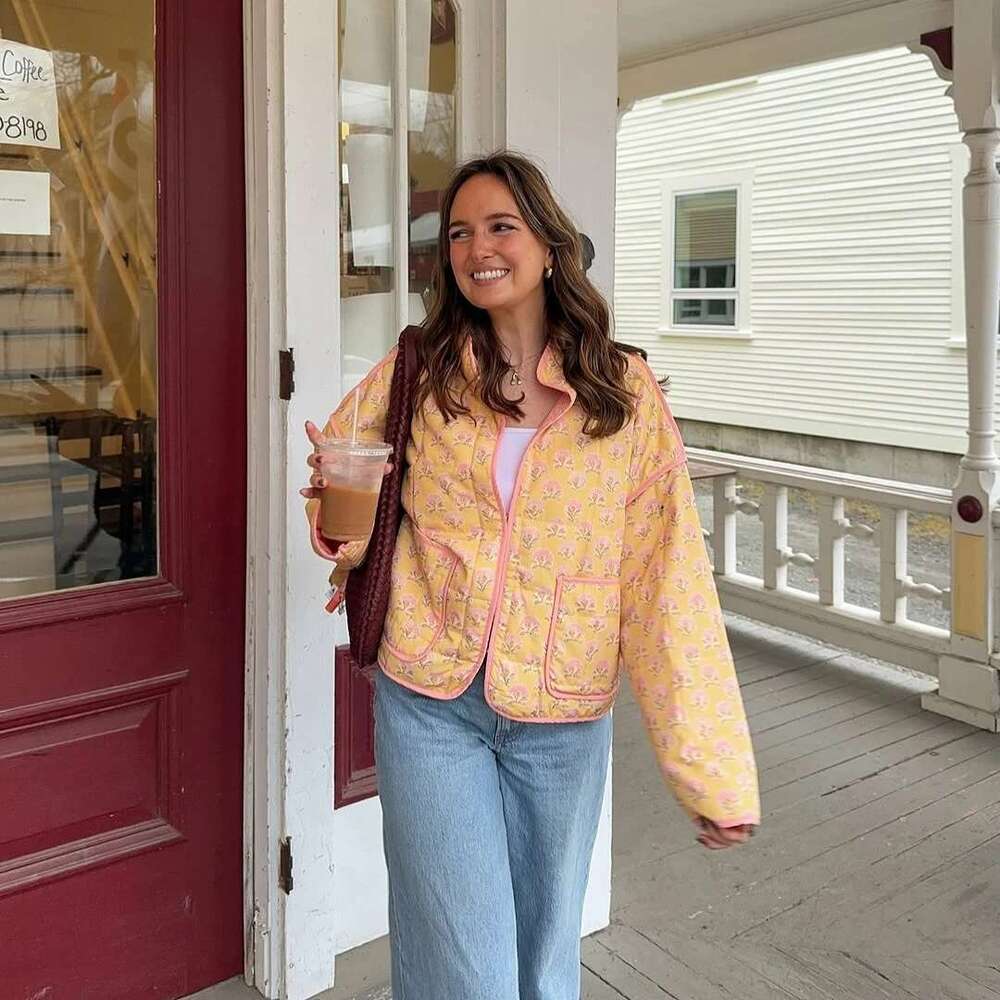 Designer Clothes Suninheart Print V Neck Cotton Jacket Fashion Long Sleeved Quilted Coats Single Breasted Loose Coat Autumn New Outerwear