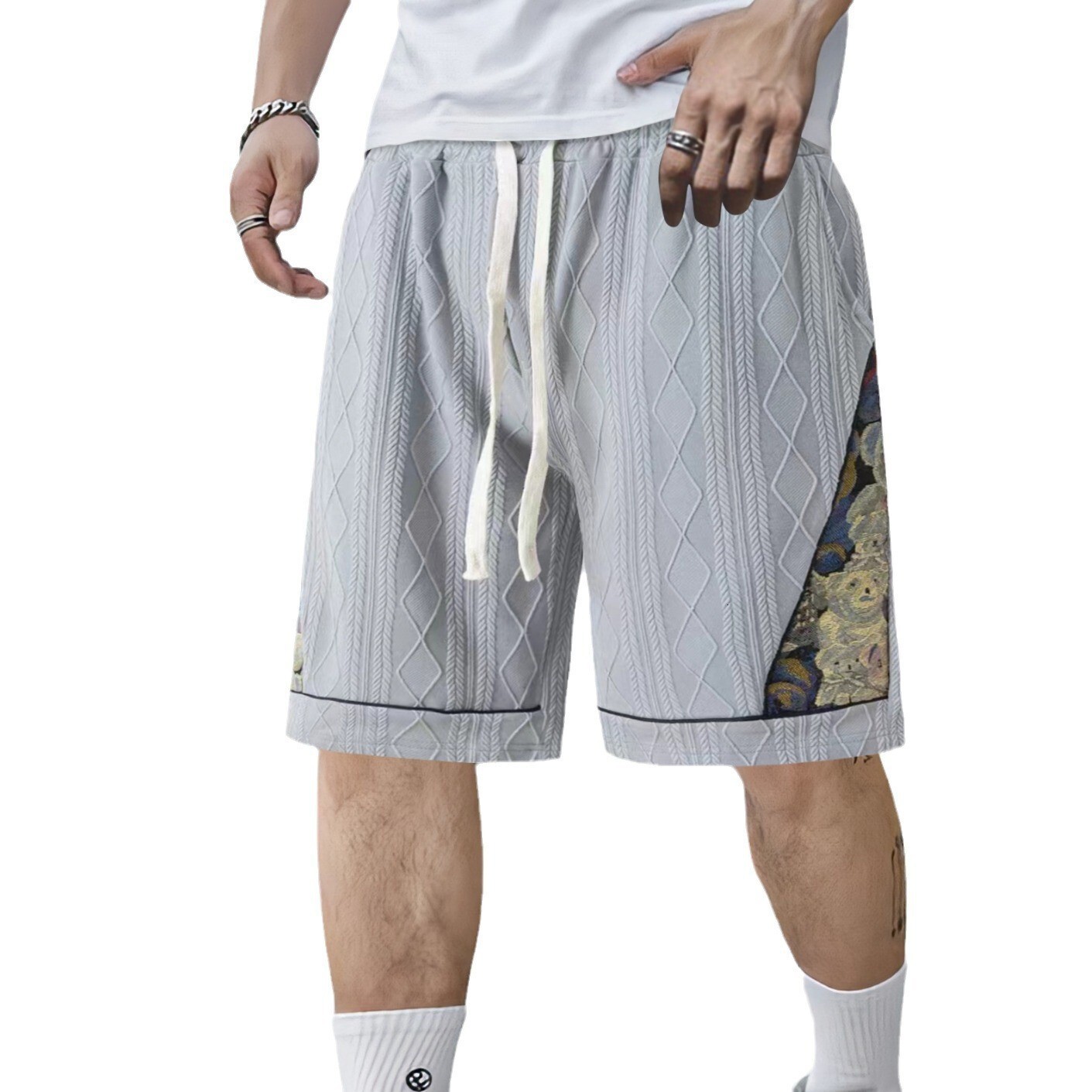 2025 Summer New Casual Jacquard Color blocked Men's Pentagram Shorts