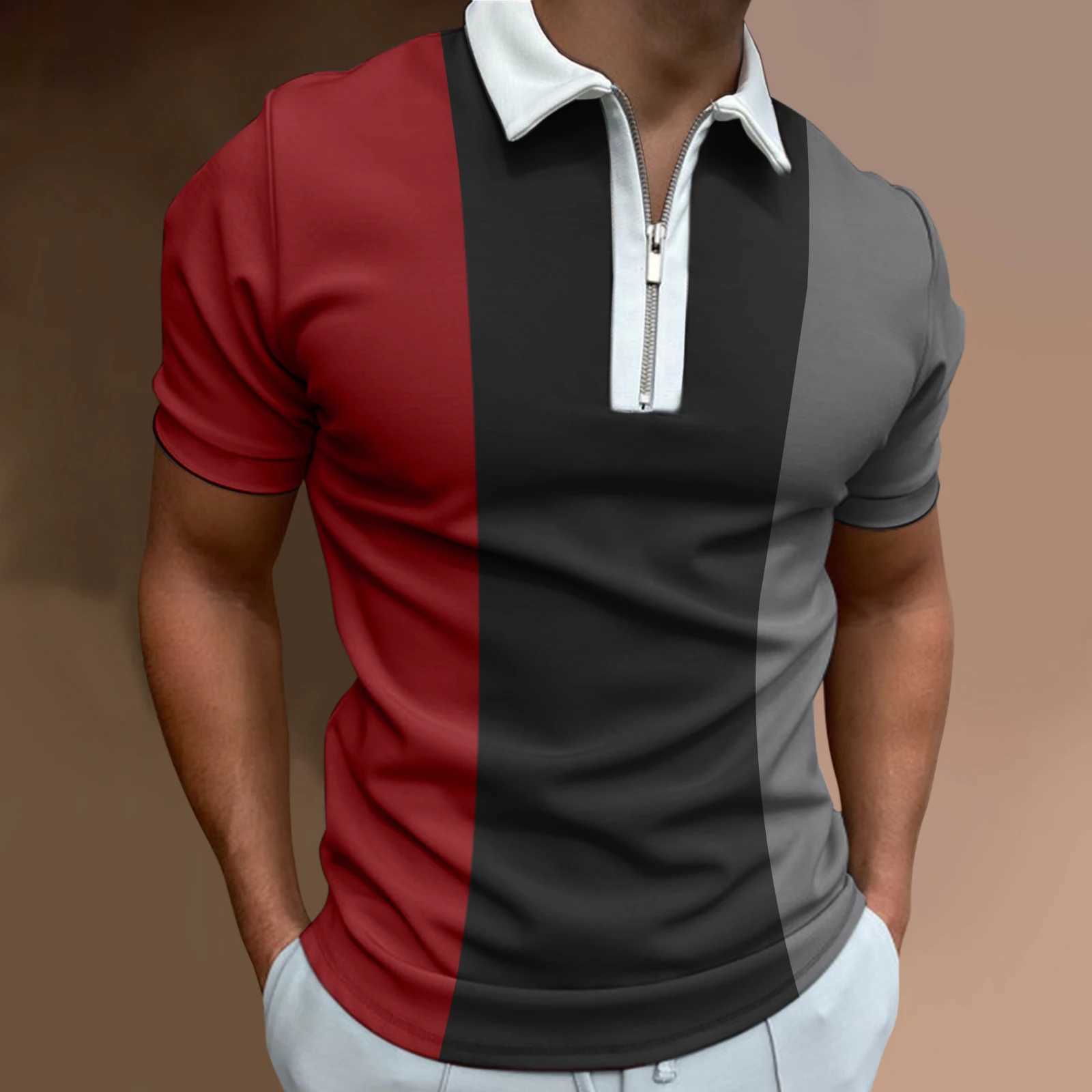 Mens solid color striped polo shirt short sleeved golf lapel zipper polo shirt and mens casual streetwear summer top W250414