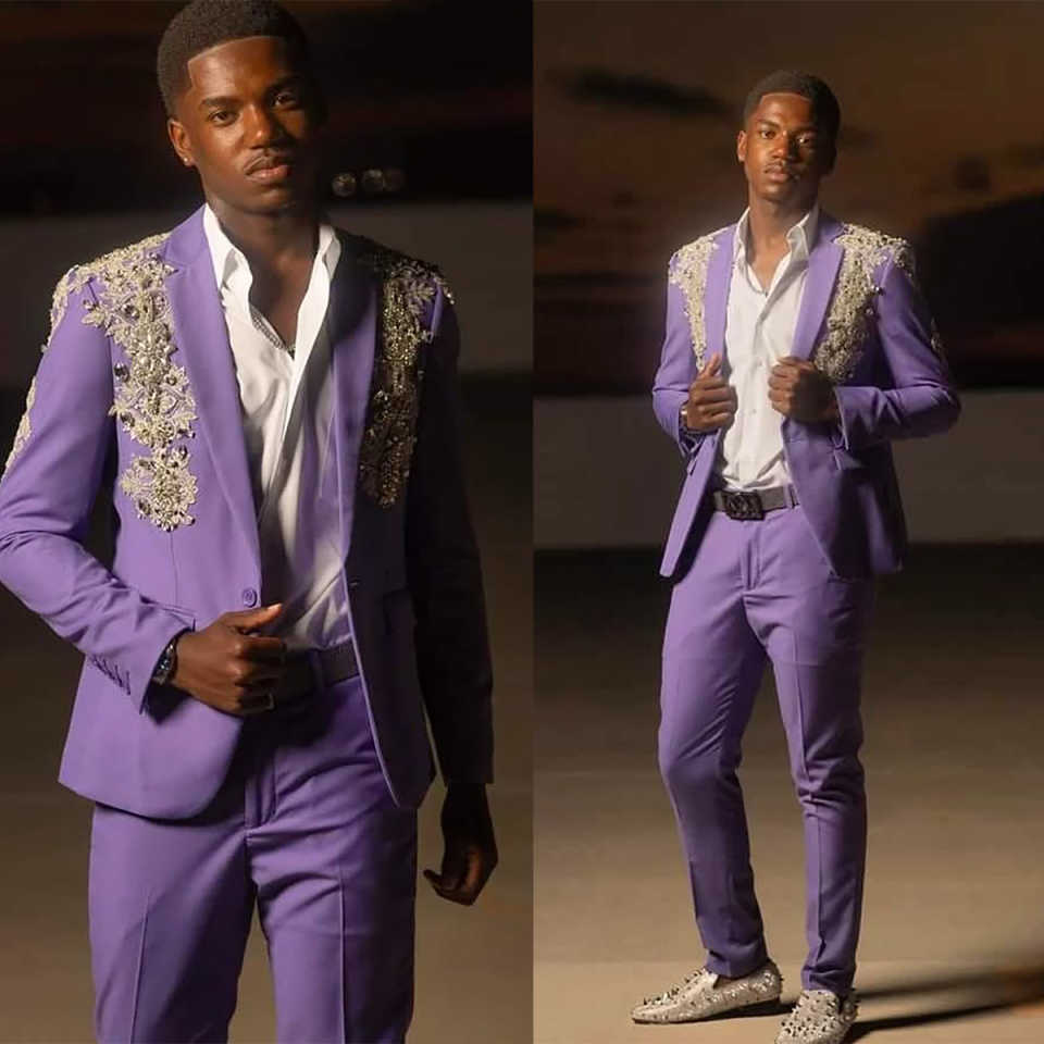 Luxury Appliques Men Suits Customized Groom Wedding Party Tuxedos 2 Pieces Sets Slim Fit Male Blazes Fashion Costumes Homme