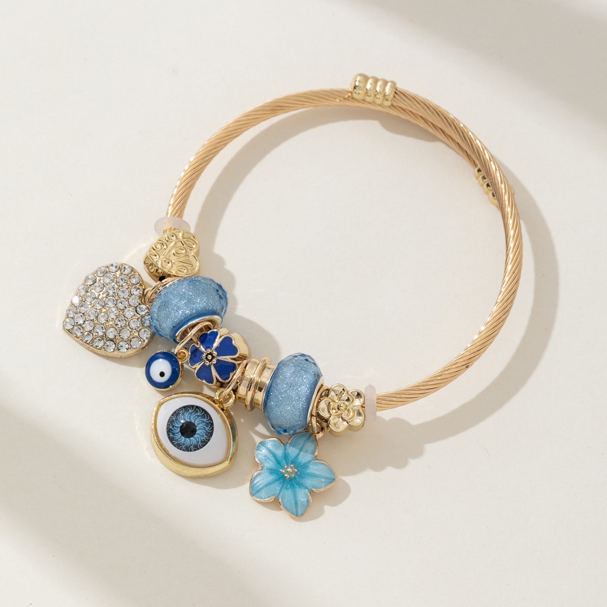 Gold Toned Evil Eye Charm Bangle With Blue Flower Heart Beads Elegant Daily Gift For Her High Quality Accessory