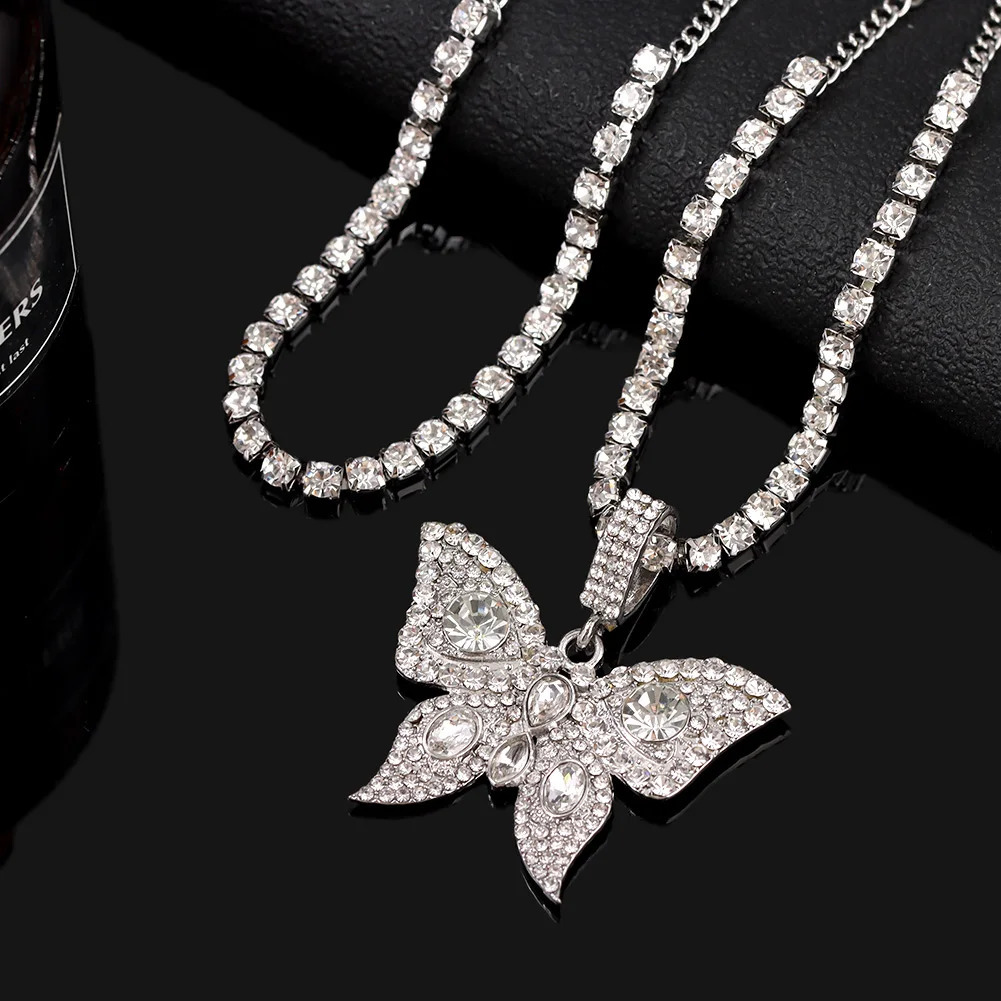 Ice crystal rhinestone butterfly pendant ankle chain womens multi-layer large rhinestone tennis chain ankle jewelry 250408