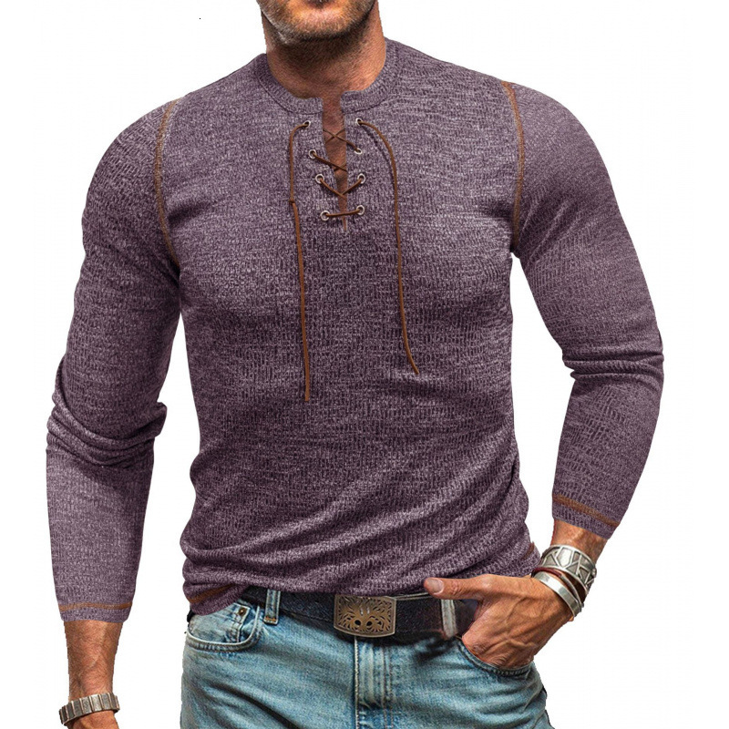 2025 mens long sleeved lace up Henley shirt mens T-shirt outdoor sports trend top men