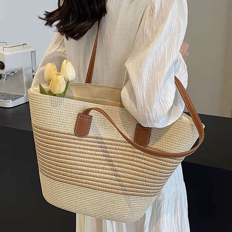 Handmade Beach Bag Summer Striped Single Shoulder Commuting Straw Woven Bag, New Large Capacity Casual And Fashionable Women's Beach Tote Bag Kq2